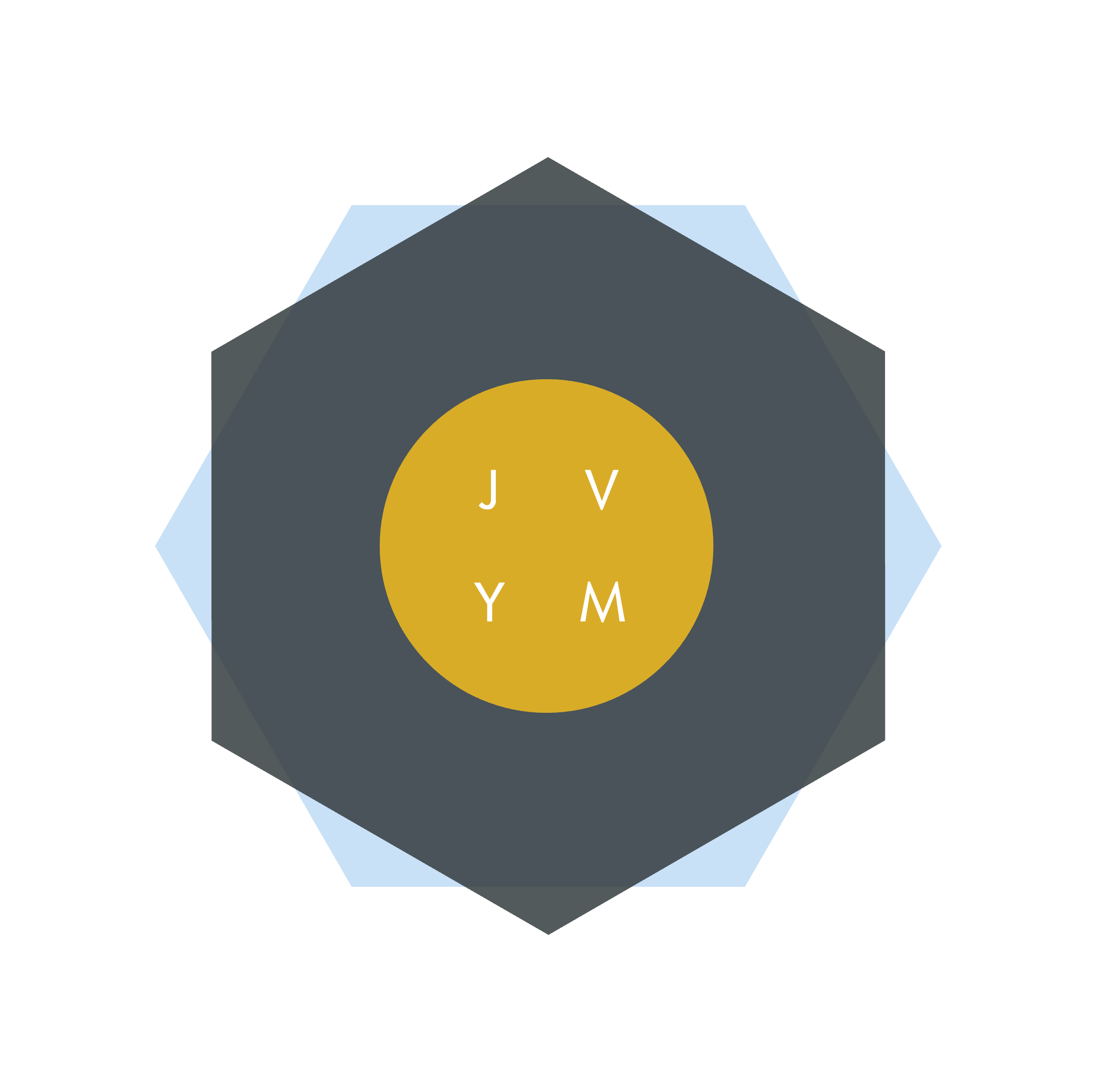 Joey Velberg Young Master logo, made up of two hexagons (one in blue, one in dark grey) with in the middle a mustard yellow circle, filled with the letters JVYM