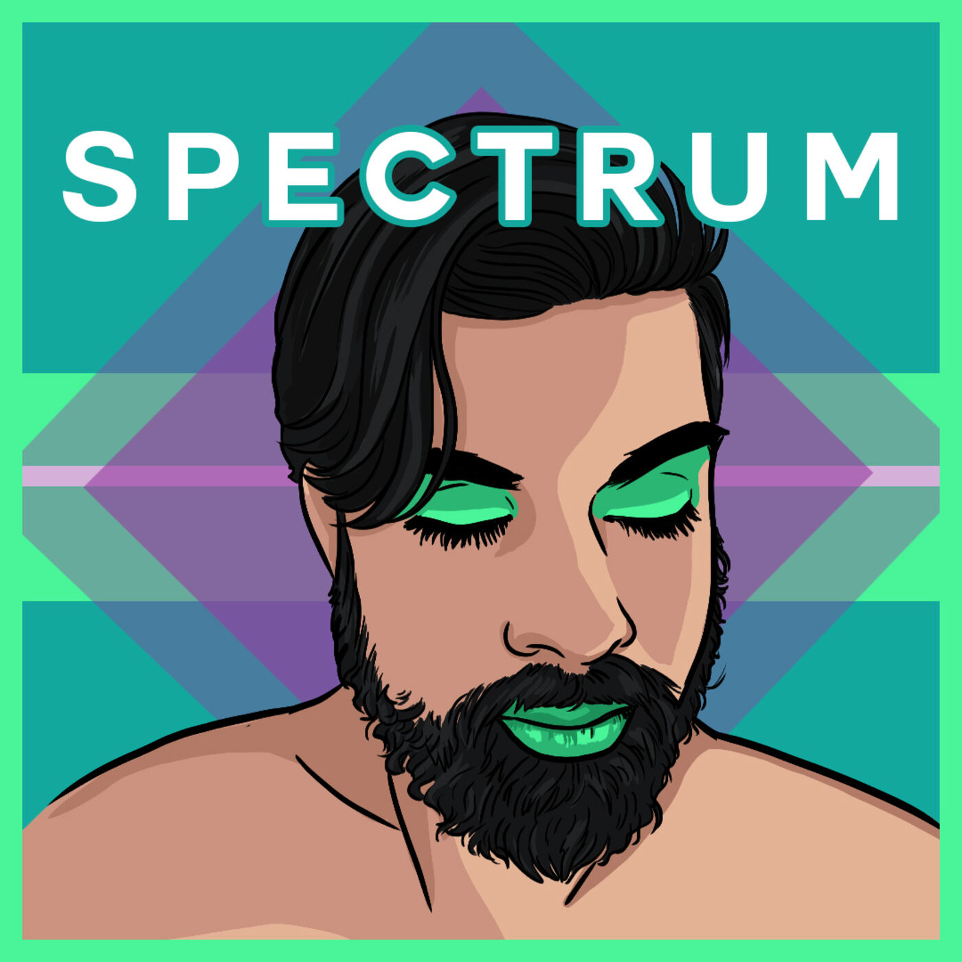Image of a bearded human being with closed eyes, wearing green eyeshadow and lipstick against a colorful blue, purple and green backdrop with the word 'Spectrum' in white letters on top