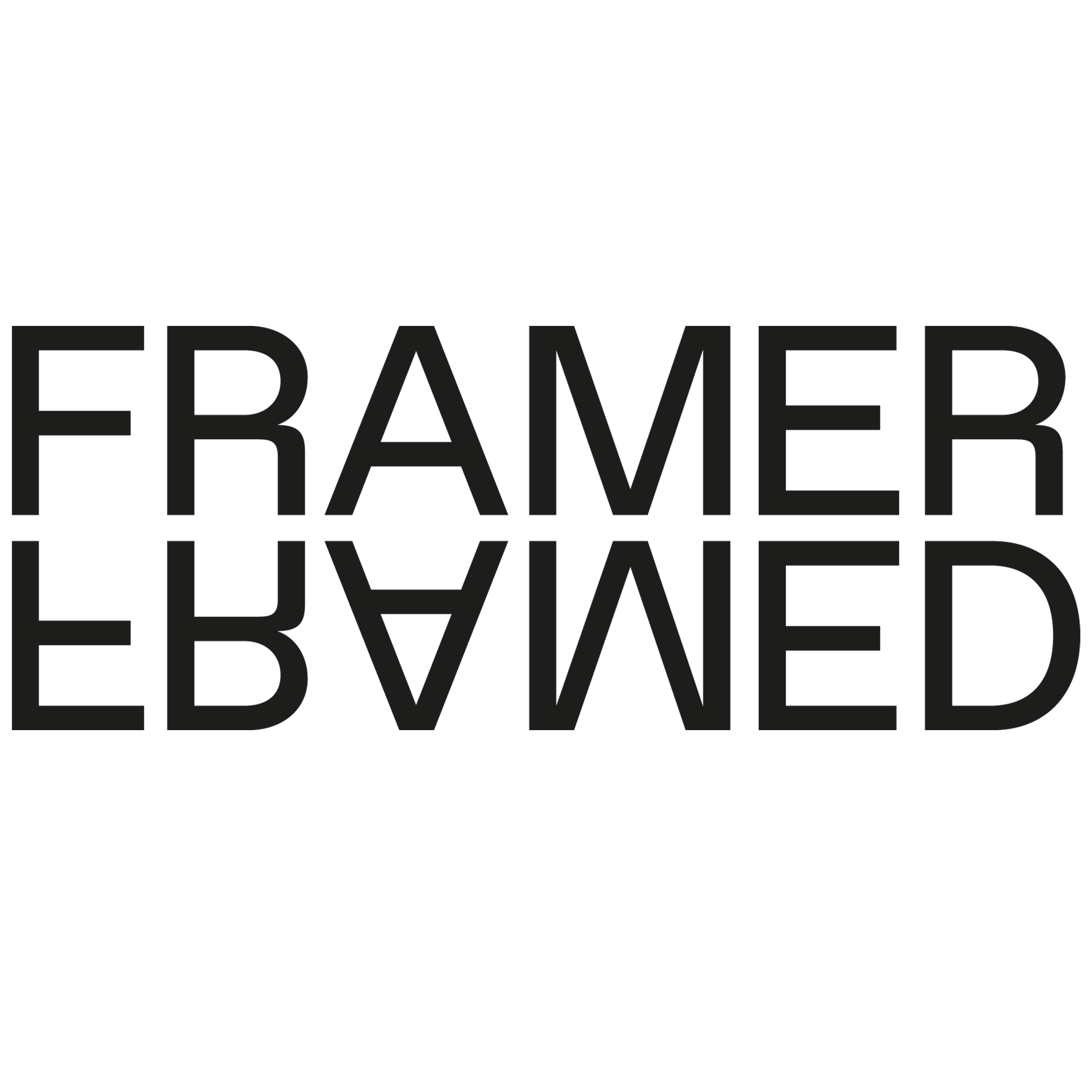 In het zwart de woorden 'Framer Framed' onder elkaar geschreven met de onderste regel verticaal gespiegeld ten opzichte van de bovenste regel