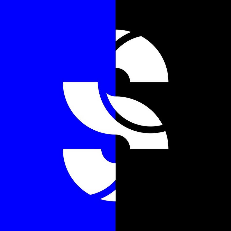 Een vierkant verdeeld in een blauwe en zwarte helft, met op de horizontale as de letter 'S' gedeconstrueerd