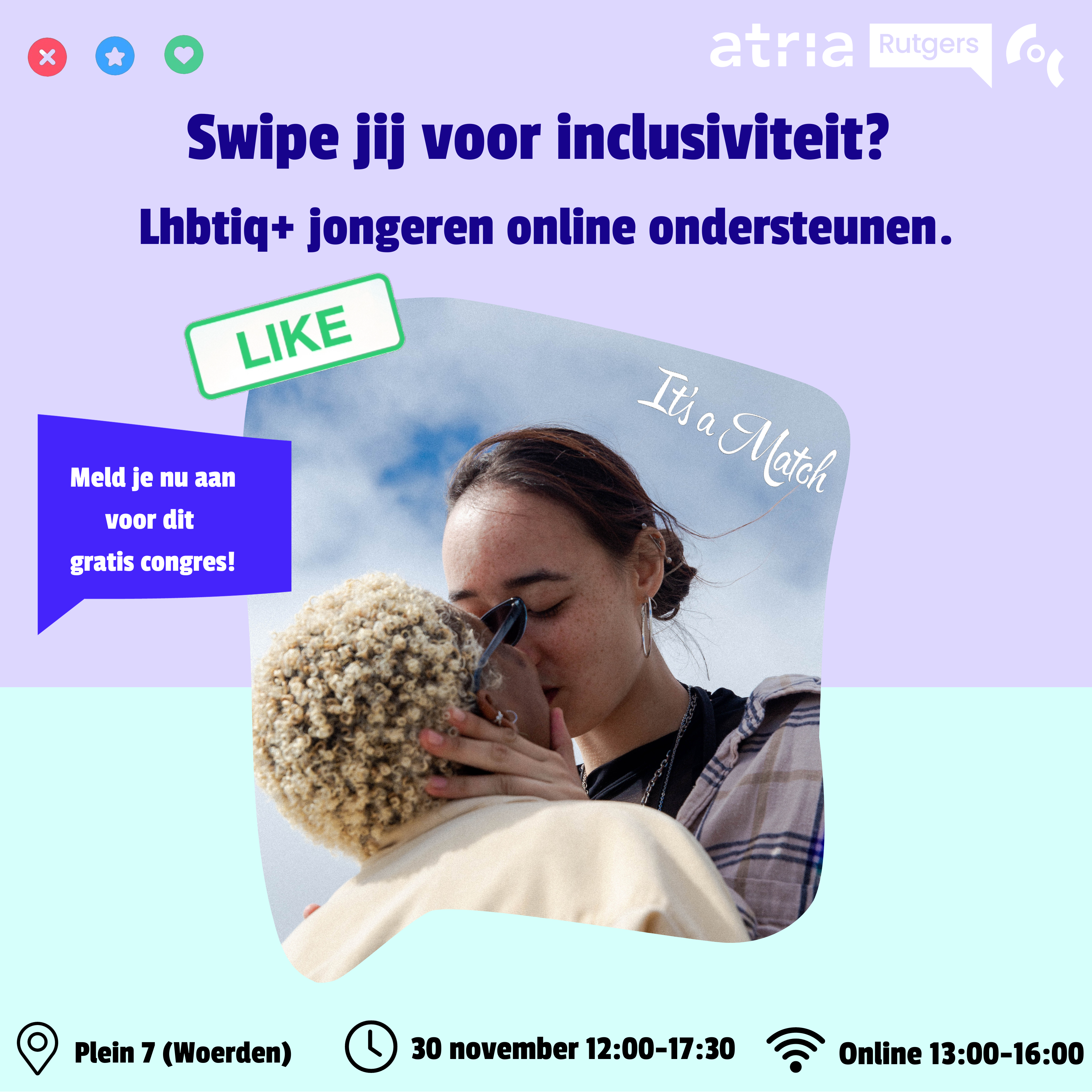 Affiche voor congres met twee queer jongeren die zoenen, met de tekst 'Swipe jij voor inclusiviteit?'