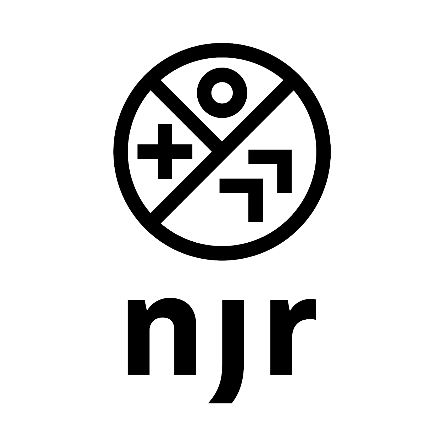 Een zwarte cirkel met tekens, gevolgd door de letters n, j en r