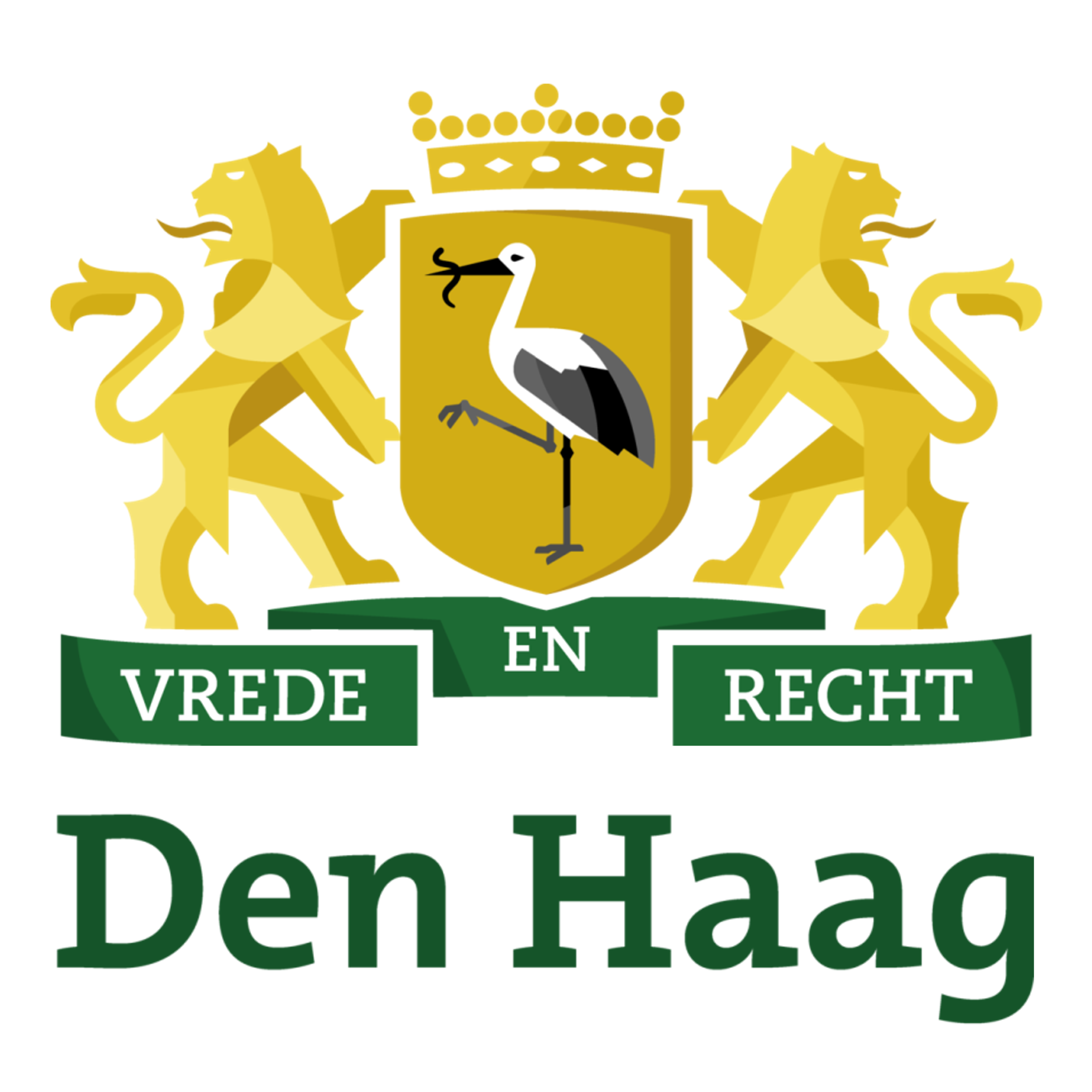 Twee gouden leeuwen die een schild vasthouden met daarop een reiger, daaronder een groene banner met de tekst 'Vrede en Recht', met helemaal onderaan de tekst 'Den Haag' in diepgroen