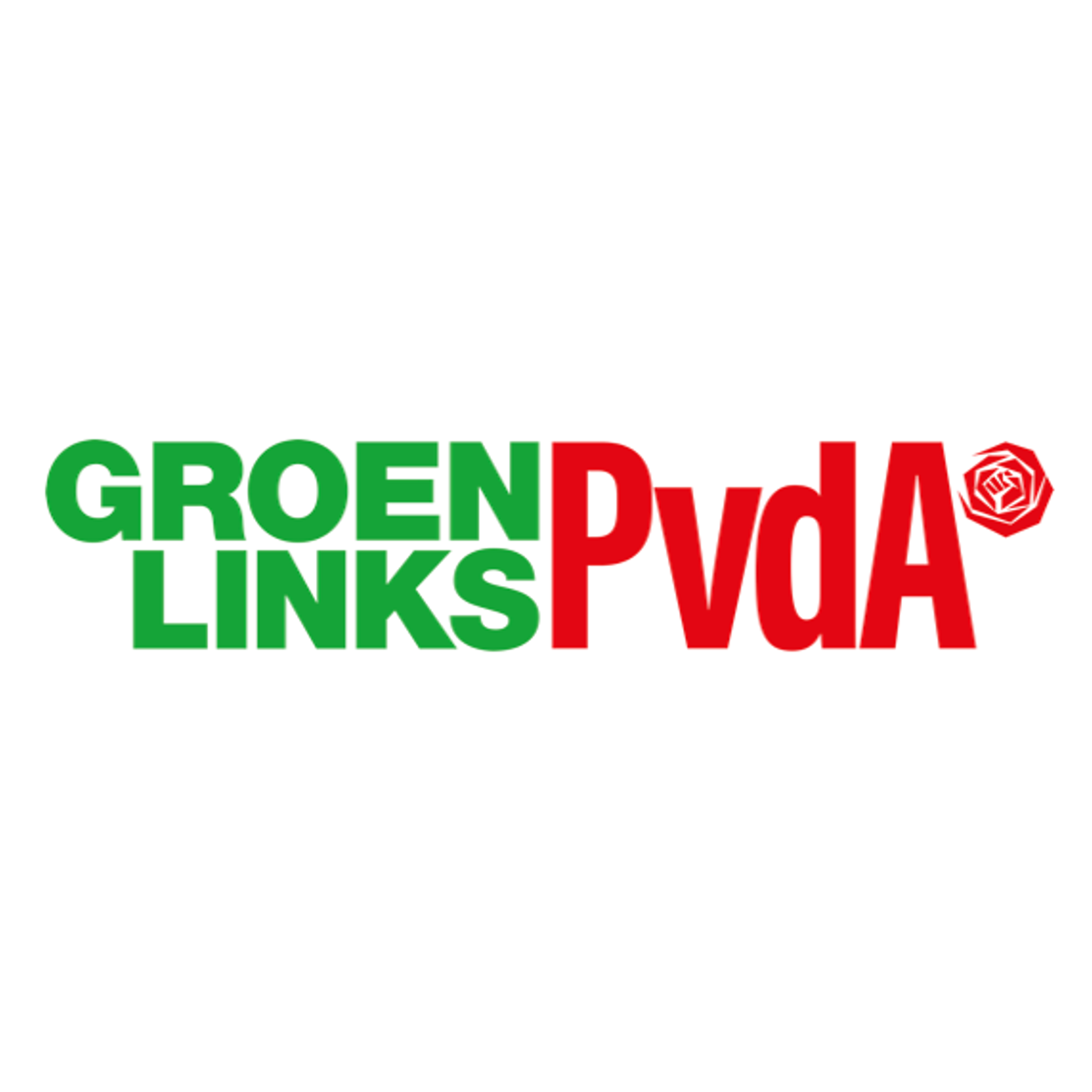 Tekst met in het groen de woorden 'Groen Links' en in het rood 'PvdA' gevolgd door een rode roos met in het hart een vuist, tegen een witte achtergrond