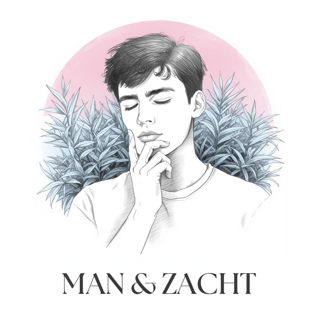 Drawing of a young bicultural man thinking with his eyes closed, with a backdrop of dark green plants and a pink sky