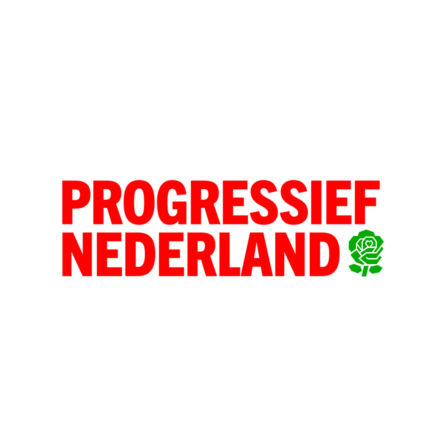 De tekst 'Progressief Nederland' in fel rood, gevolgd door een roos met twee handen erin afgebeeld in het groen